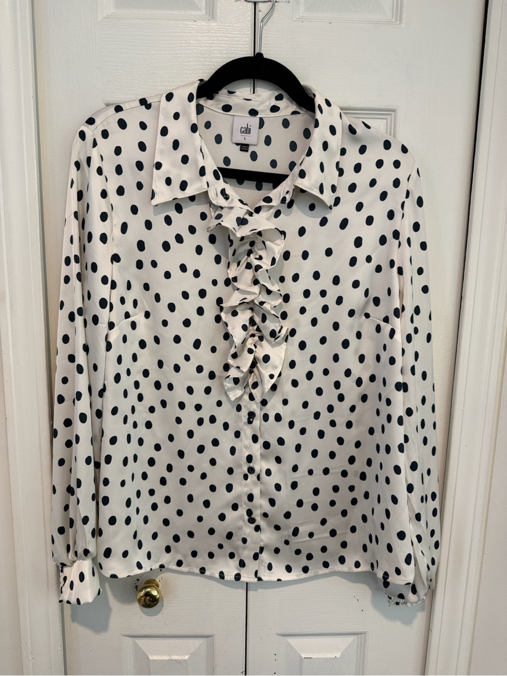Cream Ruffle Front Blouse with Navy Polka Dots